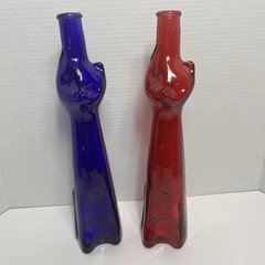 Vtg Riesling Wine Collectible Pair Of Cat Bottles , Cobalt Blue & Red 05-06