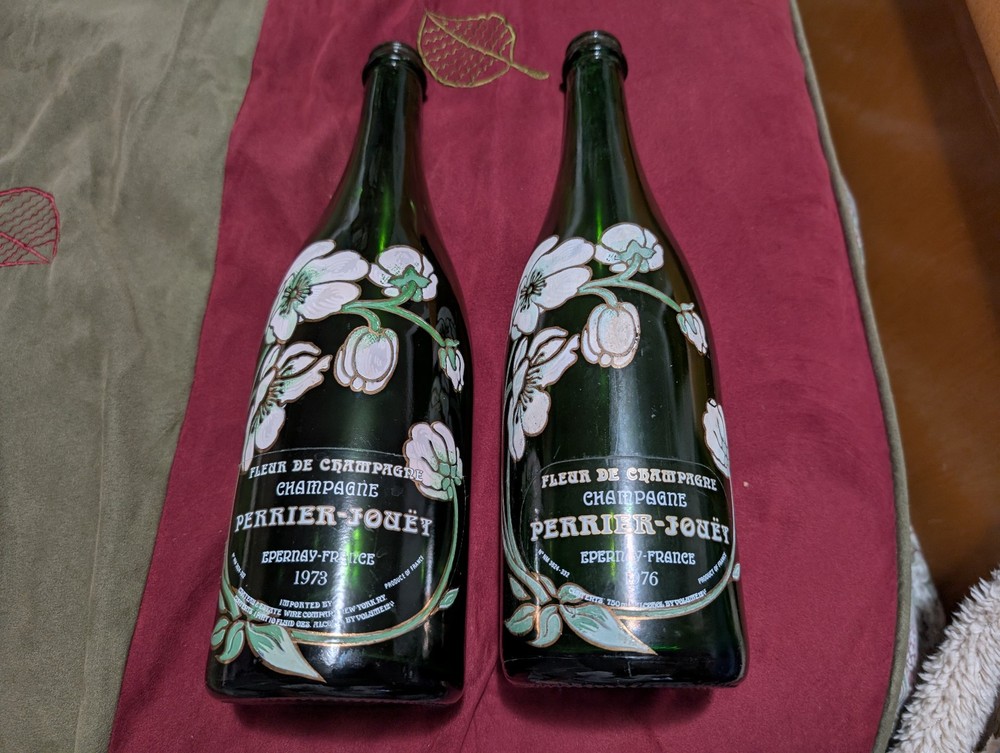 1973 and 1976 Perrier Jouet Fleur de Champagne flower bottle