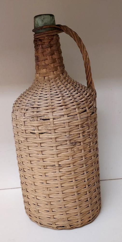 Rare Vintage Large Handmade Green Glass Bottle – Wicker Demijohn Wine~ 14”