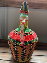 Vintage Viresa Spain Wine Bottle Plastic Woven Wicker Metal Handle Empty Boho