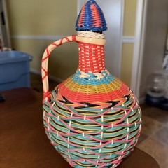 Vintage Scoubidou Woven Colorful V Levante brown Wine Bottle Spain Boho