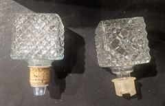 5 Old MCM 1960s Square Clear Glass Bar Liquor Bottles Bourbon Tag