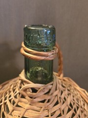 Antique Wicker Wrapped Half Gal. Green Wine Demijohn Glass Jug