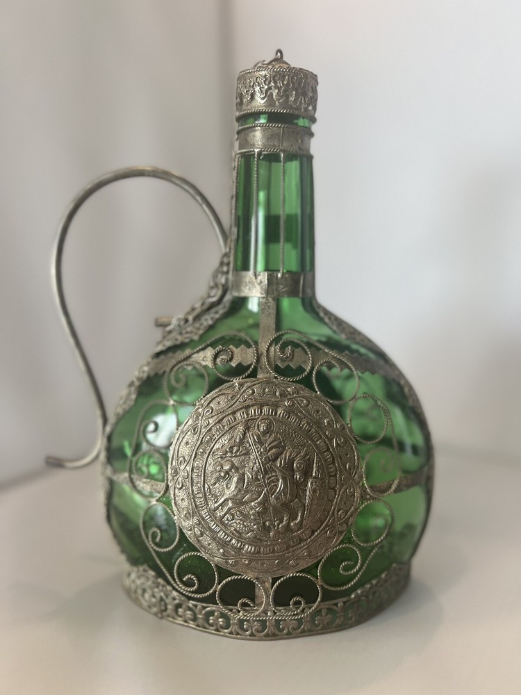 ANTIQUE 9.5” FILIGREE Wrapped Emerald GREEN GLASS Decanter