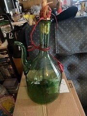 Vintage Hand Blown Green Glass Wine Bottle Decanter W/ Ice Chamber & Corks-Italy