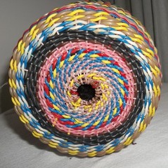 Vintage COLORFUL Plastic Wicker Wrapped Glass Bottle Handled Decanter
