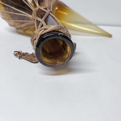 Vintage 10 1/4” Amber Glass Wine Decanter W Spout Rattan Trim & Wood Stopper