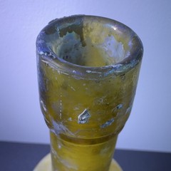 Antique *YELLOW* iridescent glass wine bottle, long neck, 12 oz.