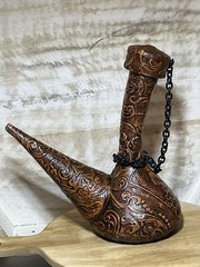VTG Spanish Wine Decanter Tooled Leather Glass W/ Chain & Cork 10×9 MCM 1970s