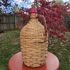 1 Gallon Rattan Wrapped Wine Demijohn Jug in Wicker Basket 15in High Portugal