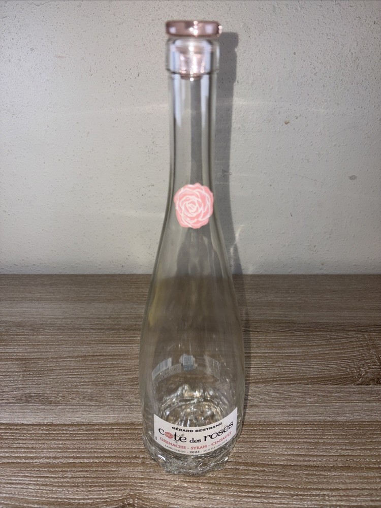 EMPTY 2023 Cote Des Roses Clear Glass Wine Bottle with Pink Stopper 13&Prime; Tall