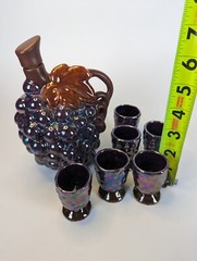 1940s Opalescent Grape Wine Decanter With Cork w 6 Tasting Cups MCM Complete Set