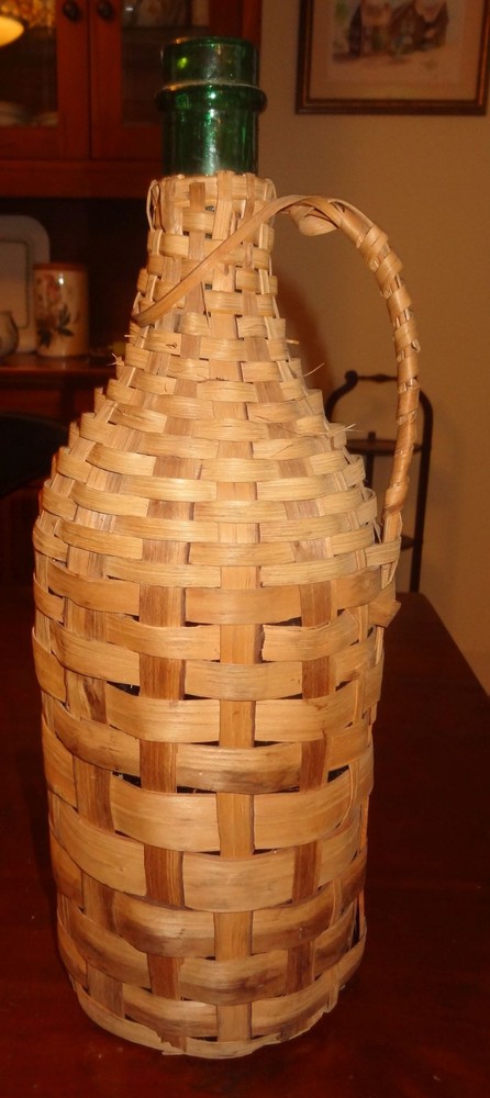 Vintage 17&Prime; Tall Rattan / Wicker Wrapped Green Demijohn Wine Bottle