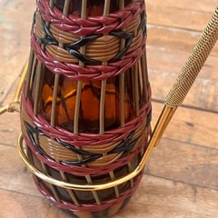 Vintage Plastic Wicker Wrapped Wine Bottle Decanter Iberia 60’s Red Brown Black