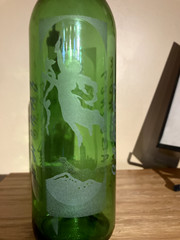 Beautiful Hand Etched Wine Bottle With City Skyline and Whimsical Figures