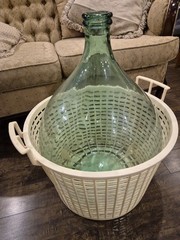 Emerald Green Glass Large Demijohn Wine Bottle in Plastic Basket Carboy EUC