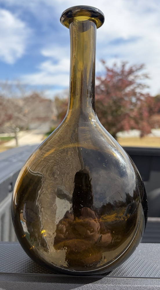 Antique WINE Vino Amber Glass Hand Blown Bottle= APPLIED TOP = Pontil on Bottom