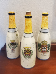 3 DECORATIVE Wine Bottles Hand Painted CHAMPAGNE REIMS PORTUGAL Bordeaux FRANCE