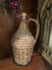 Vintage Rustic Woven Wicker Rattan Wine Bottle Demijohn Jug 13” Tall Aqua