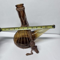 Vintage 10 1/4” Amber Glass Wine Decanter W Spout Rattan Trim & Wood Stopper