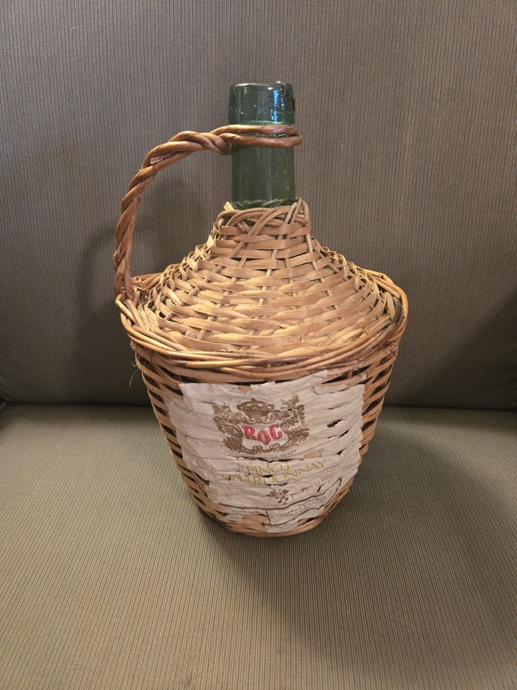 Antique Wicker Wrapped Half Gal. Green Wine Demijohn Glass Jug