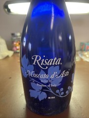 Cobalt Blue Glass Wine Bottle — 750 ml. Moscato Risata 2017 White Wine EMPTY