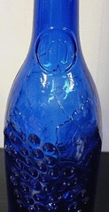 Vintage AM Cobalt Blue Glass Wine Bottle 12&Prime; Tall Embossed Grapes Leaves Cork