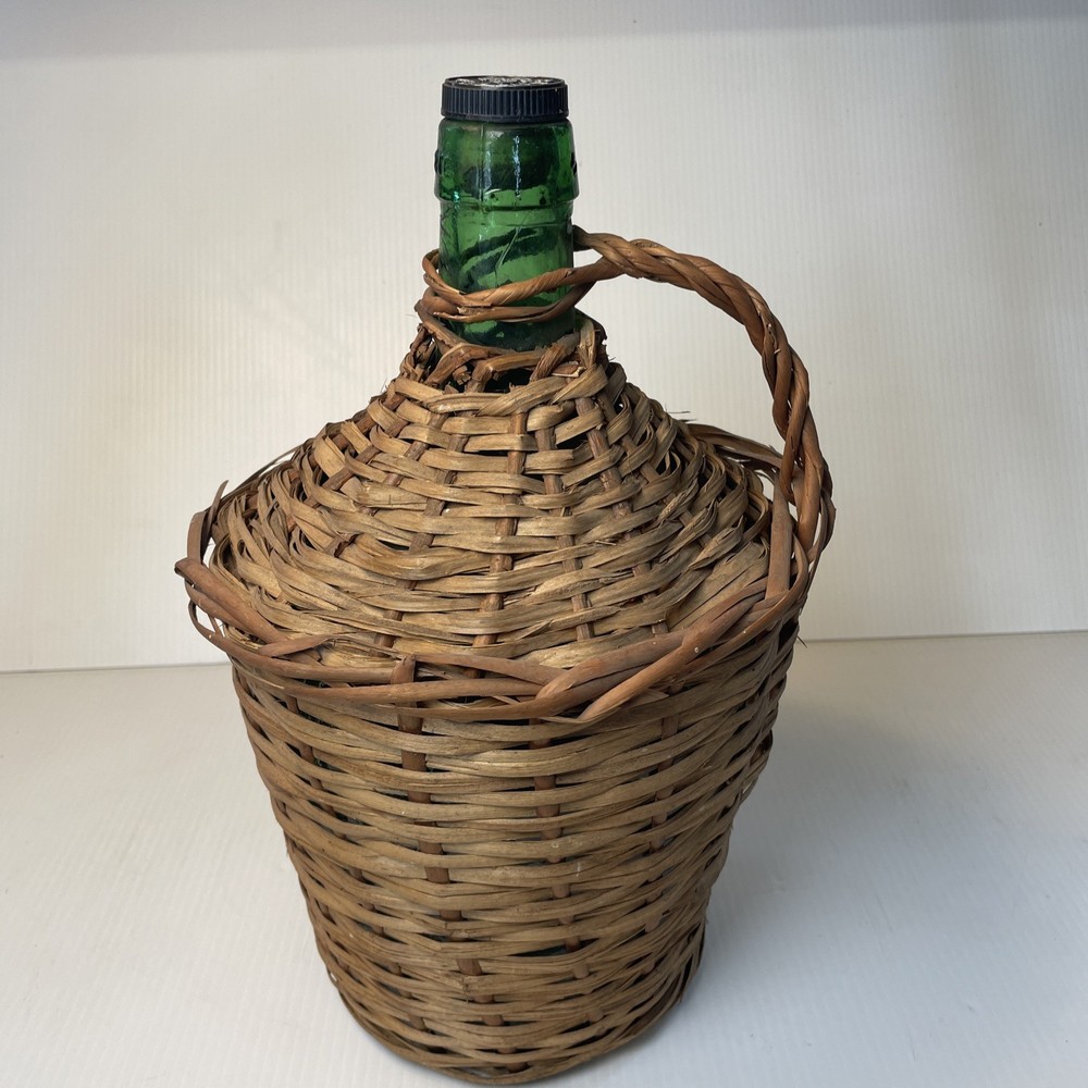 Vtg Wicker Wrapped Demijohn De Muller Spain Green Glass Wine Bottle 13” h x 9” w