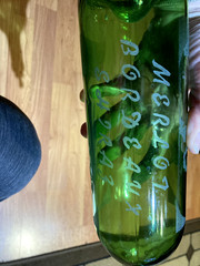Beautiful Hand Etched Wine Bottle With City Skyline and Whimsical Figures