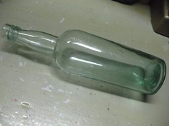 ANTIQUE WINE / LIQUOR BOTTLE BLOWN / SPUN APPLIED TOP AQUA GLASS