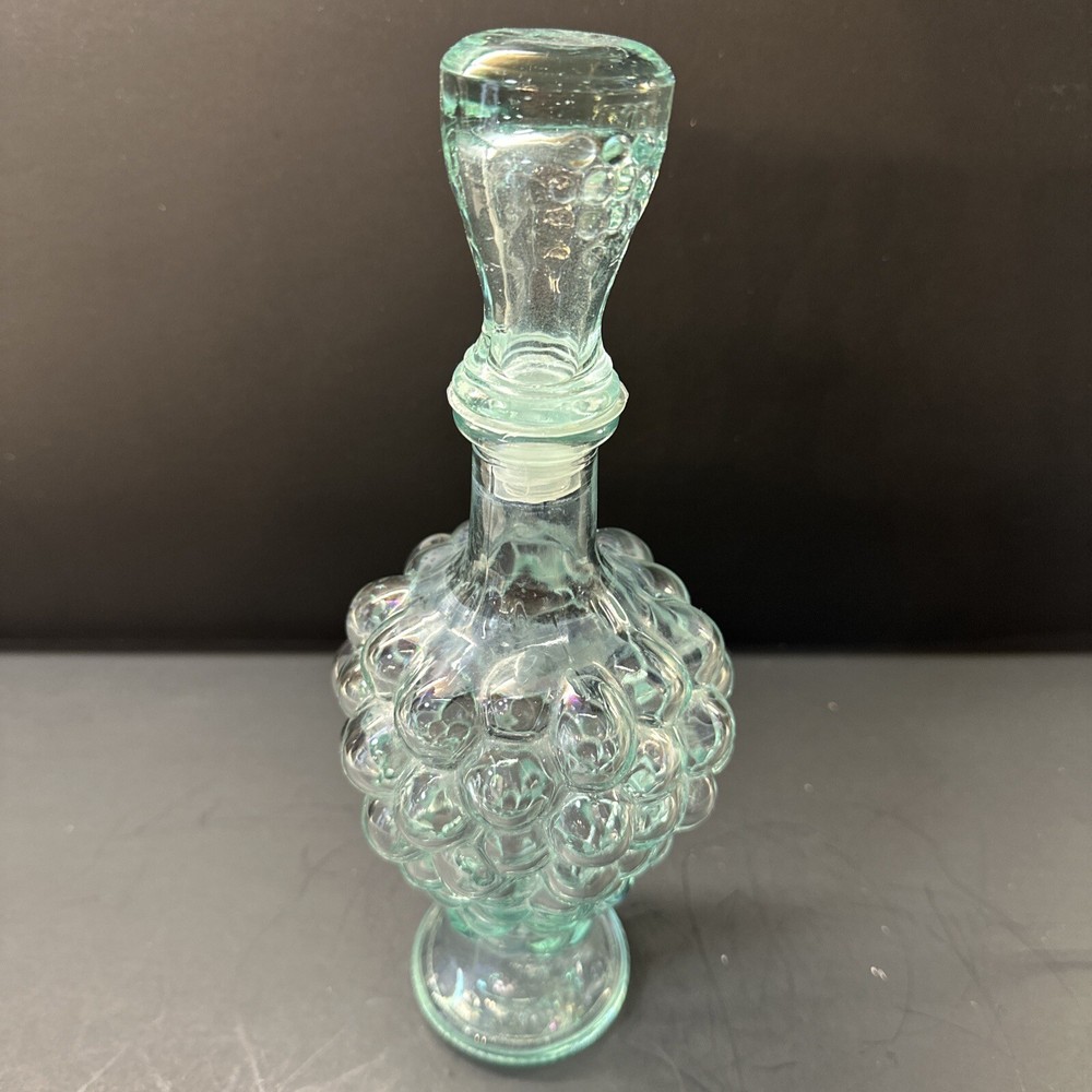 Vintage Green Glass Standing Grape Bunch Wine Bottle W/Glass Lid EMPTY BEAUTIFUL