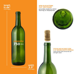 W5 750Ml Green Wine Bottles (Pack of 12), Empty Bordeaux Liquor Bottles for Drin