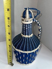 Vintage Blue Woven Plastic Green Glass Wine Bottle Jug Lid Wrapped Albania