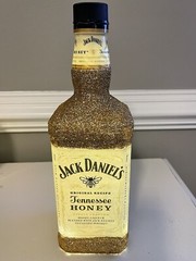 Large Empty Glitter Gold Jack Daniels Tennessee Honey Liquor Bottle, White Light