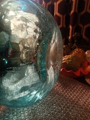 Blue Demijohn Studio Blown Glass Large bottle Crackled Bottom Polished Pontil