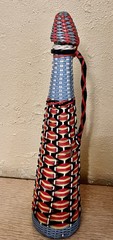 VTG MCM 2 Wicker Wrapped Scoubidou Wine Bottles Multicolor 15 & 17” Tall