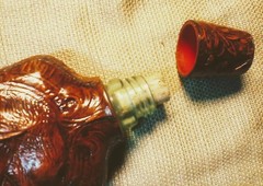 Vintage Spanish Leather Covered Liquor Bottle Flask Spain Embossed Man&rsquo;s Head