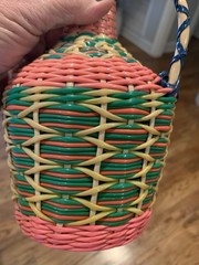 Vintage Green Viresa Glass Bottle Wrapped In Colorful Plastic Wicker 9.5” Tall