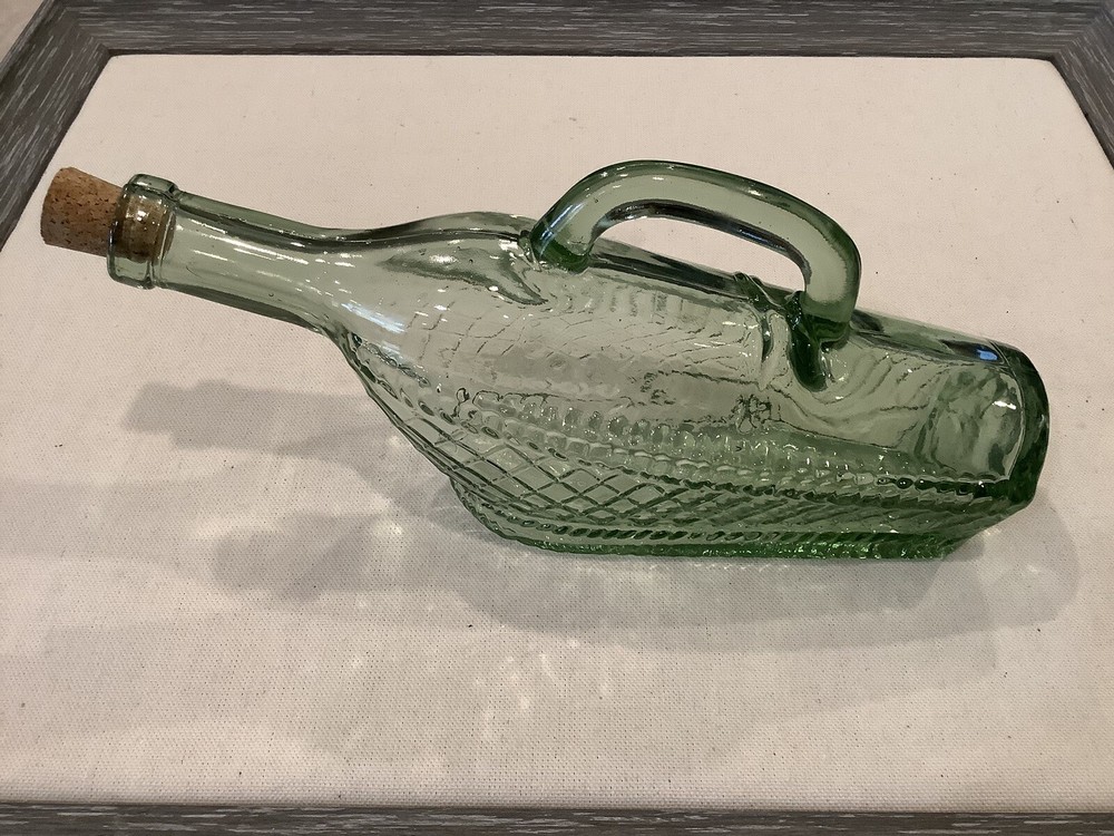 Vintage Wine Bottle Decanter Basket Pattern Greenish Hue Hand Blown