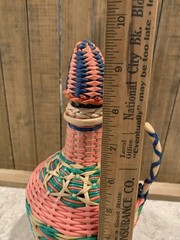 Vintage Green Viresa Glass Bottle Wrapped In Colorful Plastic Wicker 9.5” Tall