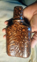 Vintage Spanish Leather Covered Liquor Bottle Flask Spain Embossed Man&rsquo;s Head