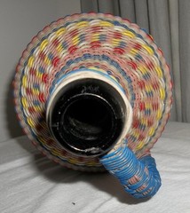 Vintage COLORFUL Plastic Wicker Wrapped Glass Bottle Handled Decanter