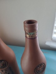 2 Kindzmarauli Georgian Ceramic Clay Pottery Red Wine Bottle Empty 3-D Design