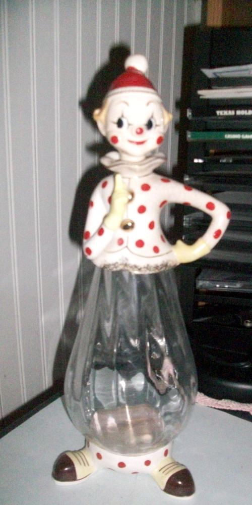 Vintage 1950&rsquo;s clown wine bottle decanter clear glass body ceramic top feet