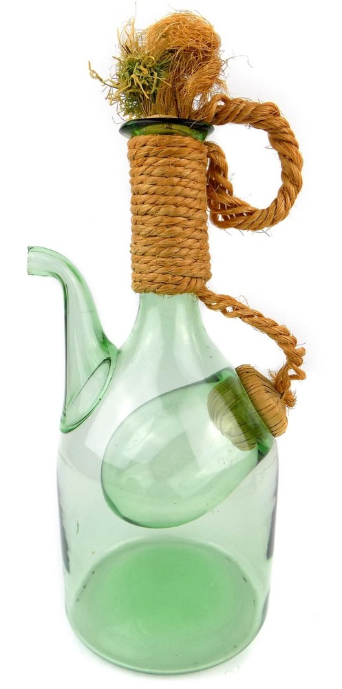 Vintage Wine Decanter with Ice Chamber Green Hand Blown Glass Straw Corks