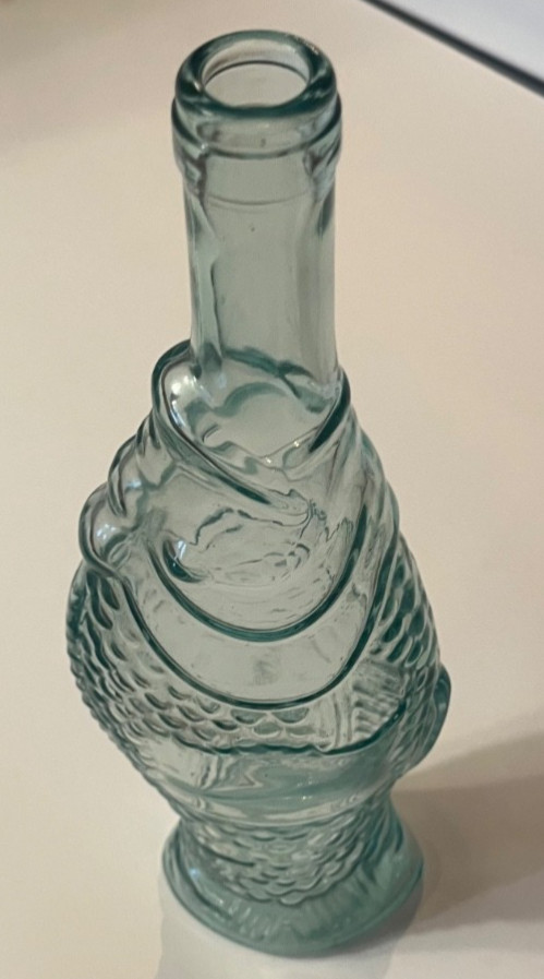 Vintage 13 1/4” Fish Shaped Clear Glass blue / green Wine Bottle Italian.