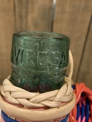 Vintage Green Viresa Glass Bottle Wrapped In Colorful Plastic Wicker 9.5” Tall