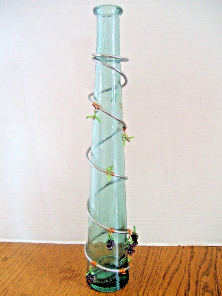 VINTAGE GREEN WINE BOTTLE / VASE Decorated w/Metal, Copper & Plastic Grapes