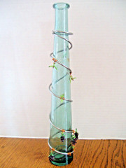 VINTAGE GREEN WINE BOTTLE / VASE Decorated w/Metal, Copper & Plastic Grapes