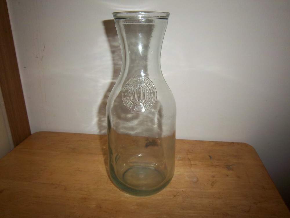 Clear-blue/green Glass Wine Carafe 10&Prime; Vtg Paul Masson Since 1852, bldg on front